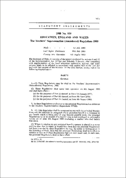 The Teachers' Superannuation (Amendment) Regulations 1980