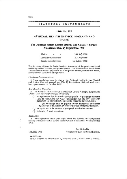 The National Health Service (Dental and Optical Charges) Amendment (No. 2) Regulations 1980