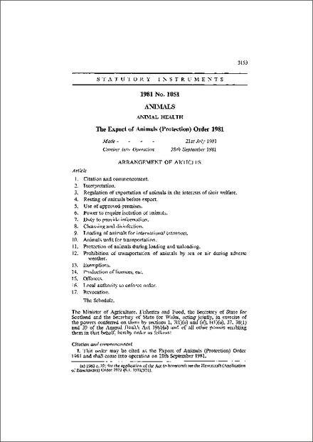 The Export of Animals (Protection) Order 1981