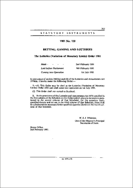 The Lotteries (Variation of Monetary Limits) Order 1981