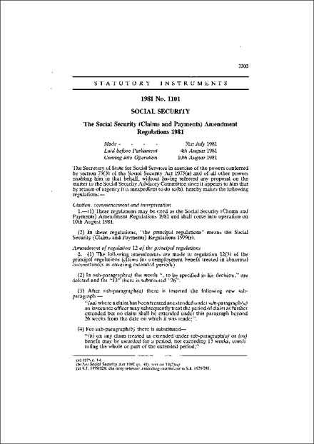 The Social Security (Claims and Payments) Amendment Regulations 1981