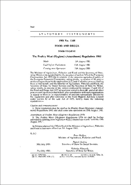 The Poultry Meat (Hygiene) (Amendment) Regulations 1981