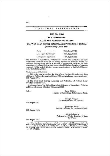 The West Coast Herring (Licensing and Prohibition of Fishing) (Revocation) Order 1981