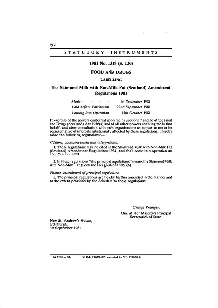 The Skimmed Milk with Non-Milk Fat (Scotland) Amendment Regulations 1981