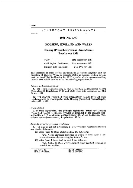 Housing (Prescribed Forms) (Amendment) Regulations 1981