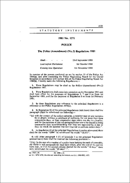 The Police (Amendment) (No.2) Regulations 1981