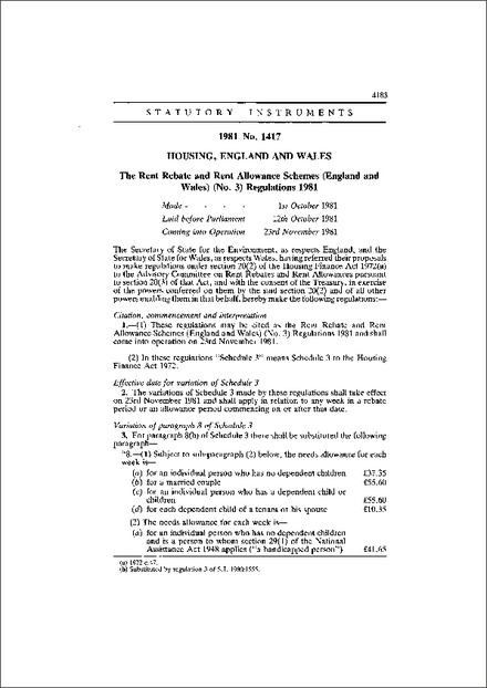 The Rent Rebate and Rent Allowance Schemes (England and Wales) (No. 3) Regulations 1981