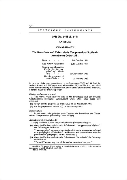 The Brucellosis and Tuberculosis Compensation (Scotland) Amendment Order 1981