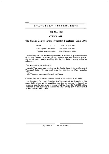 The Smoke Control Areas (Exempted Fireplaces) Order 1981