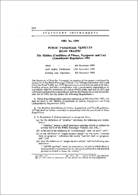 The Minibus (Conditions of Fitness, Equipment and Use) (Amendment) Regulations 1981