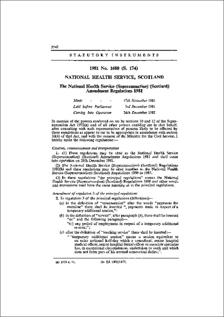 The National Health Service (Superannuation) (Scotland) Amendment Regulations 1981