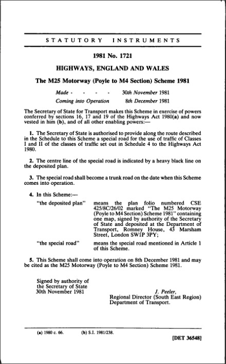 The M25 Motorway (Poyle to M4 Section) Scheme 1981