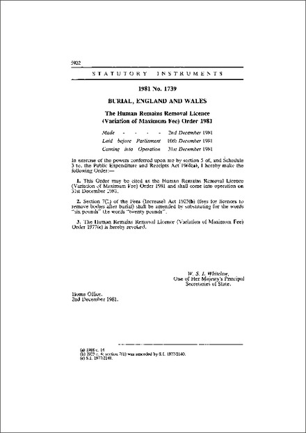 The Human Remains Removal Licence (Variation of Maximum Fee) Order 1981