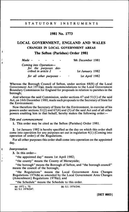 The Sefton (Parishes) Order 1981