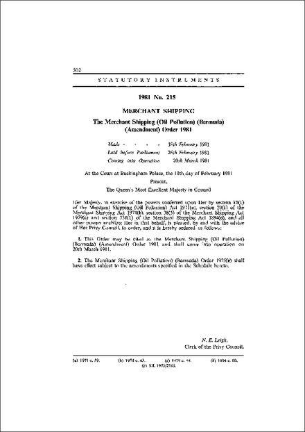 The Merchant Shipping (Oil Pollution) (Bermuda) (Amendment) Order 1981
