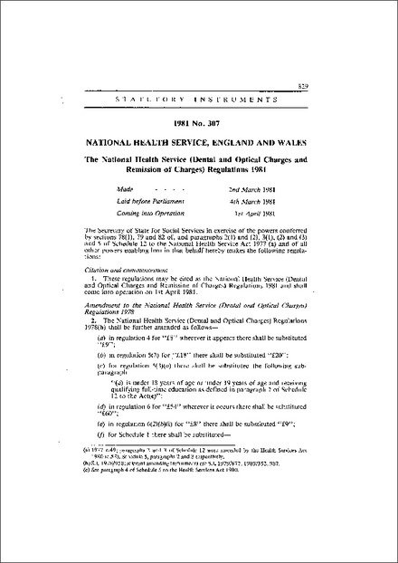 The National Health Service (Dental and Optical Charges and Remission of Charges) Regulations 1981