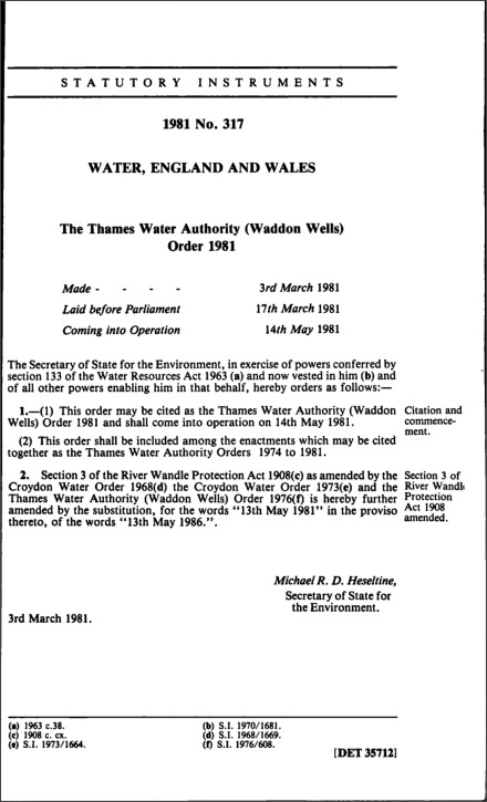 The Thames Water Authority (Waddon Wells) Order 1981