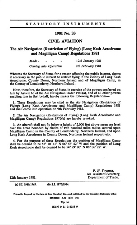 The Air Navigation (Restriction of Flying) (Long Kesh Aerodrome and Magilligan Camp) Regulations 1981