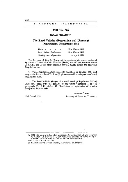 The Road Vehicles (Registration and Licensing) (Amendment) Regulations 1981