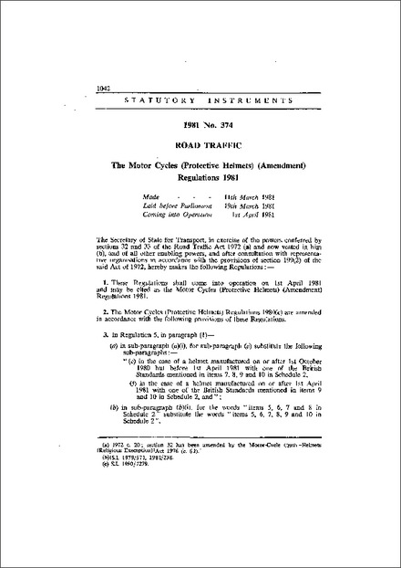 The Motor Cycles (Protective Helmets) (Amendment) Regulations 1981