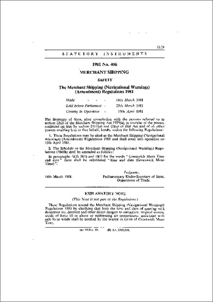 The Merchant Shipping (Navigational Warnings) (Amendment) Regulations 1981