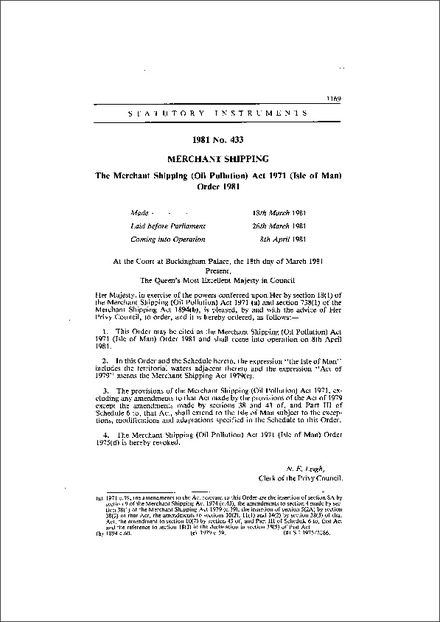 The Merchant Shipping (Oil Pollution) Act 1971 (Isle of Man) Order 1981