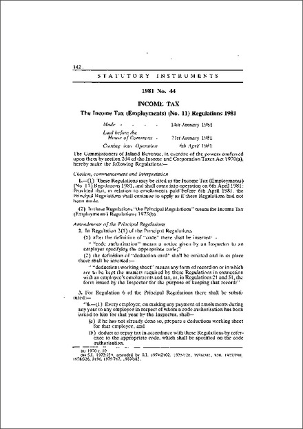 The Income Tax (Employments) (No. 11) Regulations 1981