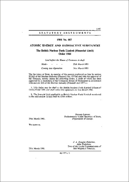 The British Nuclear Fuels Limited (Financial Limit) Order 1981