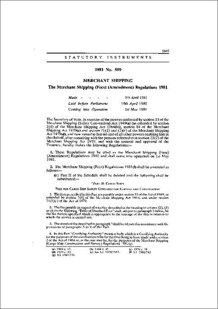 The Merchant Shipping (Fees) (Amendment) Regulations 1981