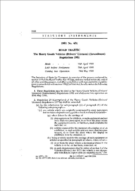 The Heavy Goods Vehicles (Drivers' Licences) (Amendment) Regulations 1981