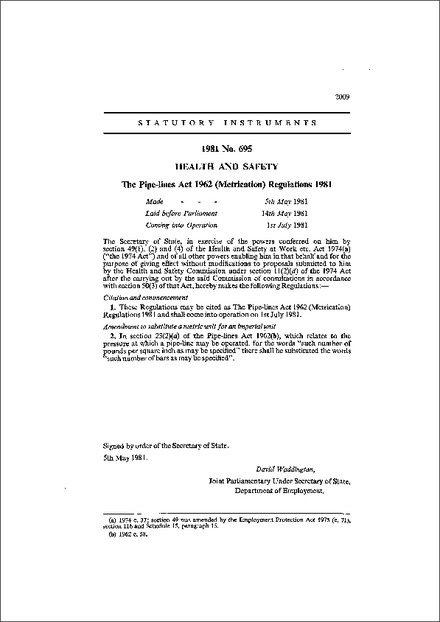 The Pipe-lines Act 1962 (Metrication) Regulations 1981
