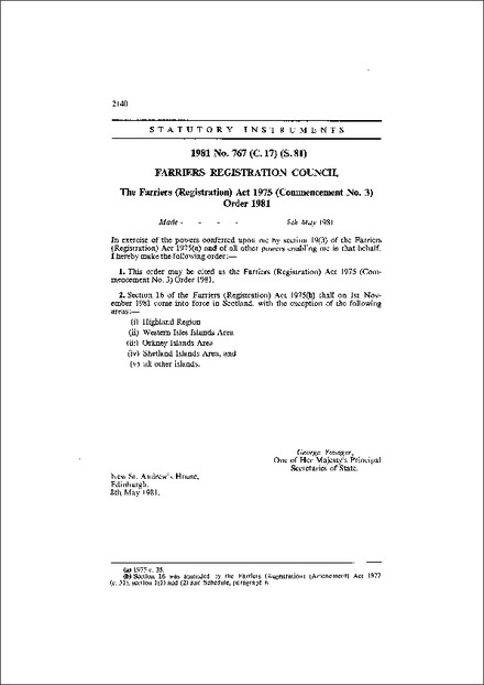 The Farriers (Registration) Act 1975 (Commencement No. 3) Order 1981