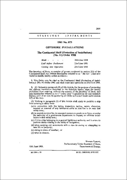 The Continental Shelf (Protection of Installations) (No. 11) Order 1981