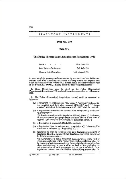 The Police (Promotion) (Amendment) Regulations 1981