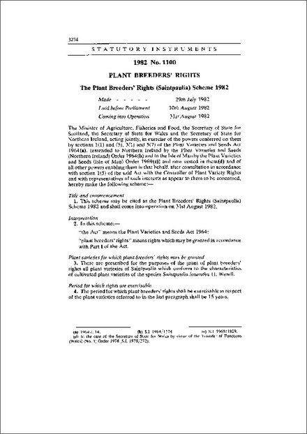 The Plant Breeders' Rights (Saintpaulia) Scheme 1982