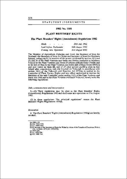 The Plant Breeders' Rights (Amendment) Regulations 1982