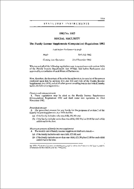 The Family Income Supplements (Computation) Regulations 1982