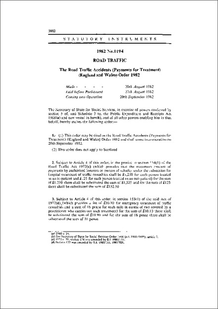 The Road Traffic Accidents (Payments for Treatment) (England and Wales) Order 1982