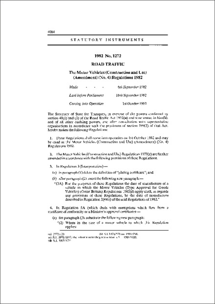 The Motor Vehicles (Construction and Use) (Amendment) (No. 4) Regulations 1982