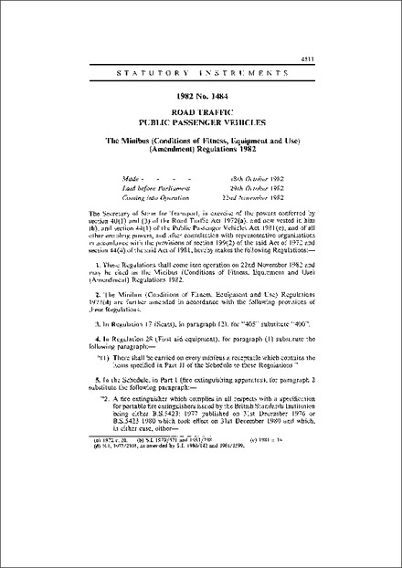 The Minibus (Conditions of Fitness, Equipment and Use) (Amendment) Regulations 1982