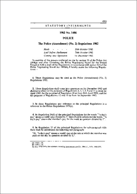 The Police (Amendment) (No. 2) Regulations 1982