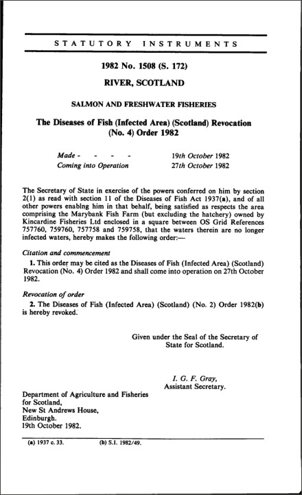 The Diseases of Fish (Infected Area) (Scotland) Revocation (No. 4) Order 1982