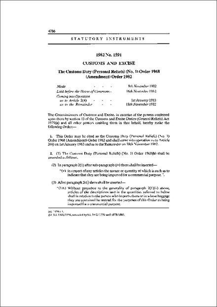 The Customs Duty (Personal Reliefs) (No. 1) Order 1968 (Amendment) Order 1982