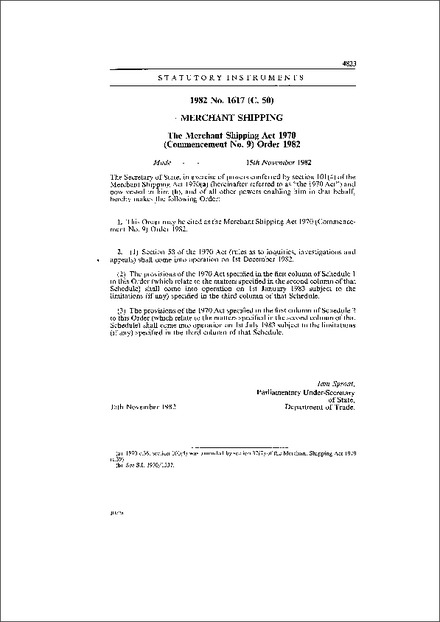 The Merchant Shipping Act 1970 (Commencement No. 9) Order 1982