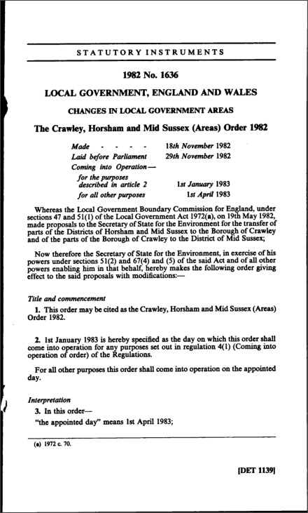 The Crawley, Horsham and Mid Sussex (Areas) Order 1982