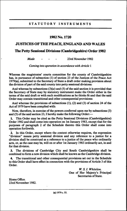 The Petty Sessional Divisions (Cambridgeshire) Order 1982