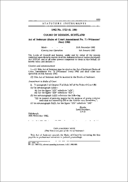 Act of Sederunt (Rules of Court Amendment No. 7) (Witnesses' Fees) 1982