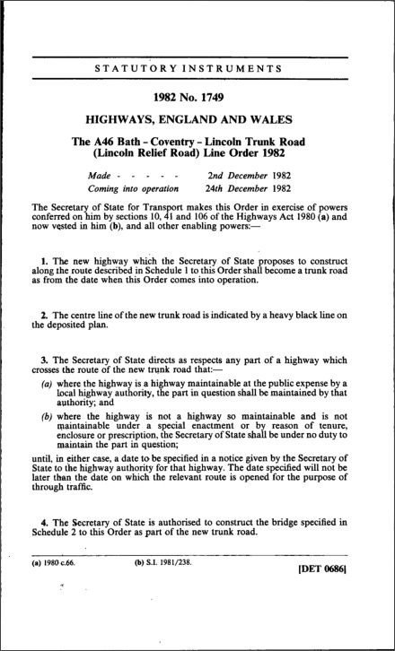 The A46 Bath—Coventry—Lincoln Trunk Road (Lincoln Relief Road) Line Order 1982