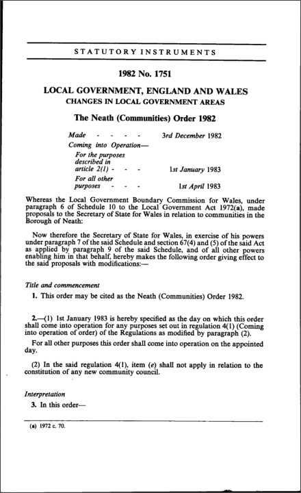 The Neath (Communities) Order 1982