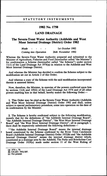 The Severn-Trent Water Authority (Ashfields and West Moor Internal Drainage District) Order 1982